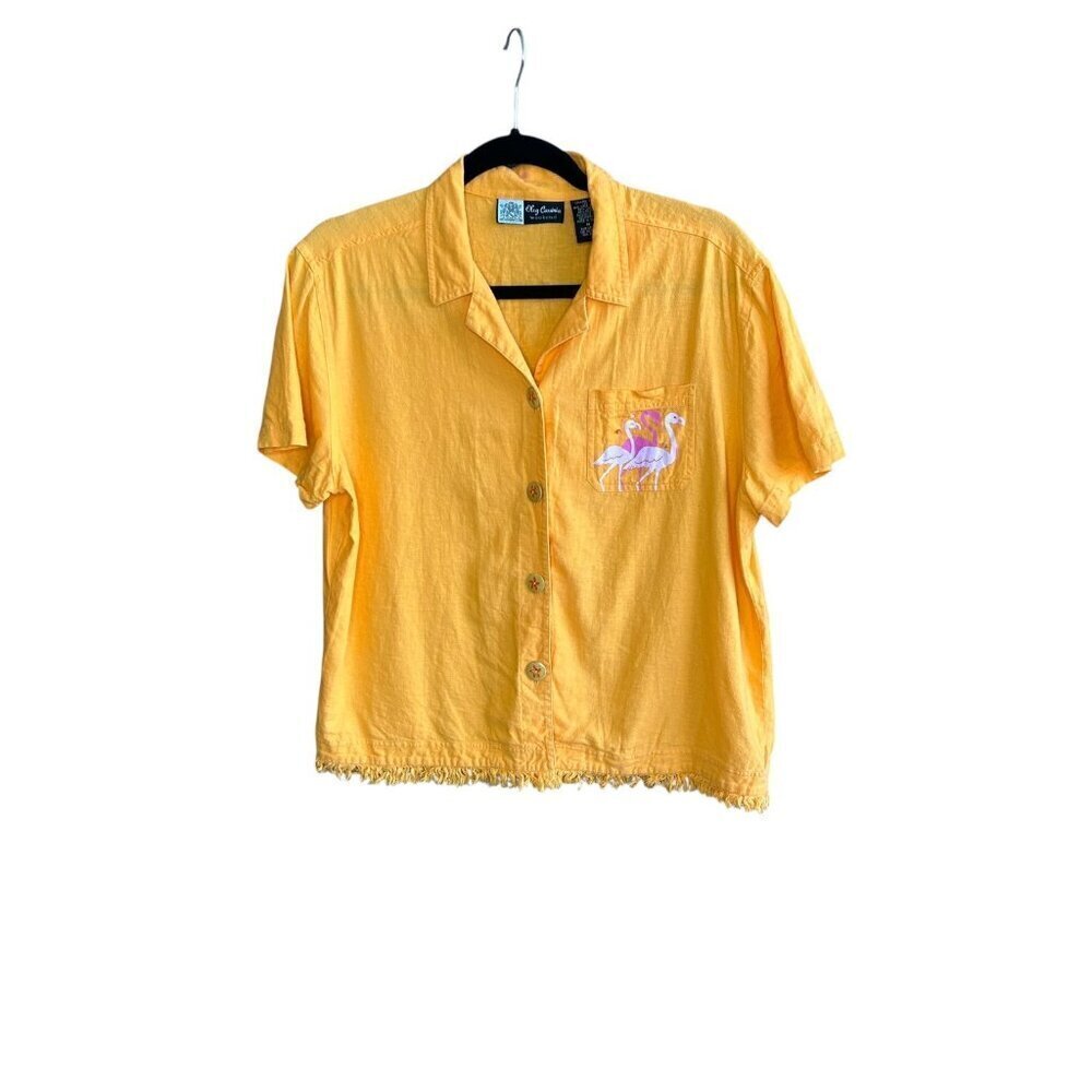Oleg Cassini Vintage Orange Linen Blend Fringe Shirt Flamingos Size Medium
